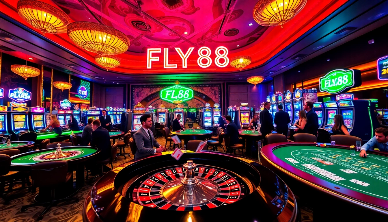 FLY88 casino experience with vibrant gaming atmosphere and luxurious tables.