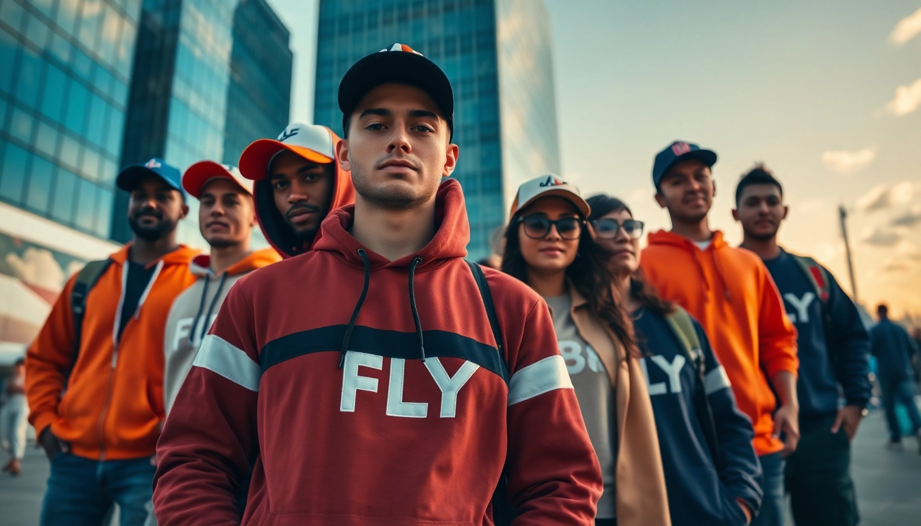 FLY88 aviation-inspired apparel showcased in an urban setting, featuring diverse models.