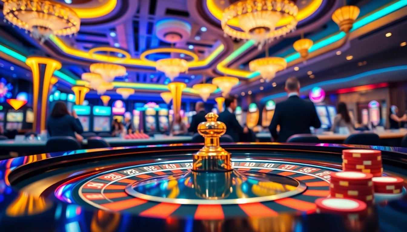 Visually stunning scene of the meilleur site de casino en ligne, featuring players at a roulette table surrounded by vibrant lights.
