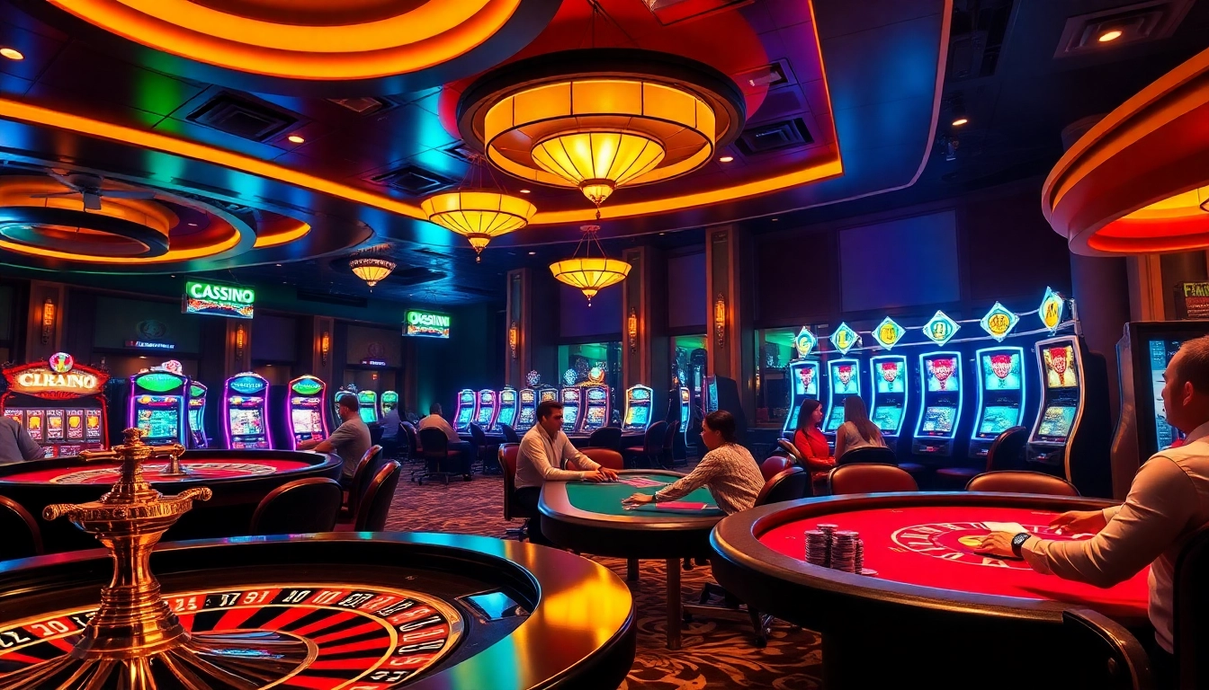 A thrilling game at a btc casino with vibrant poker tables and illuminated slot machines.