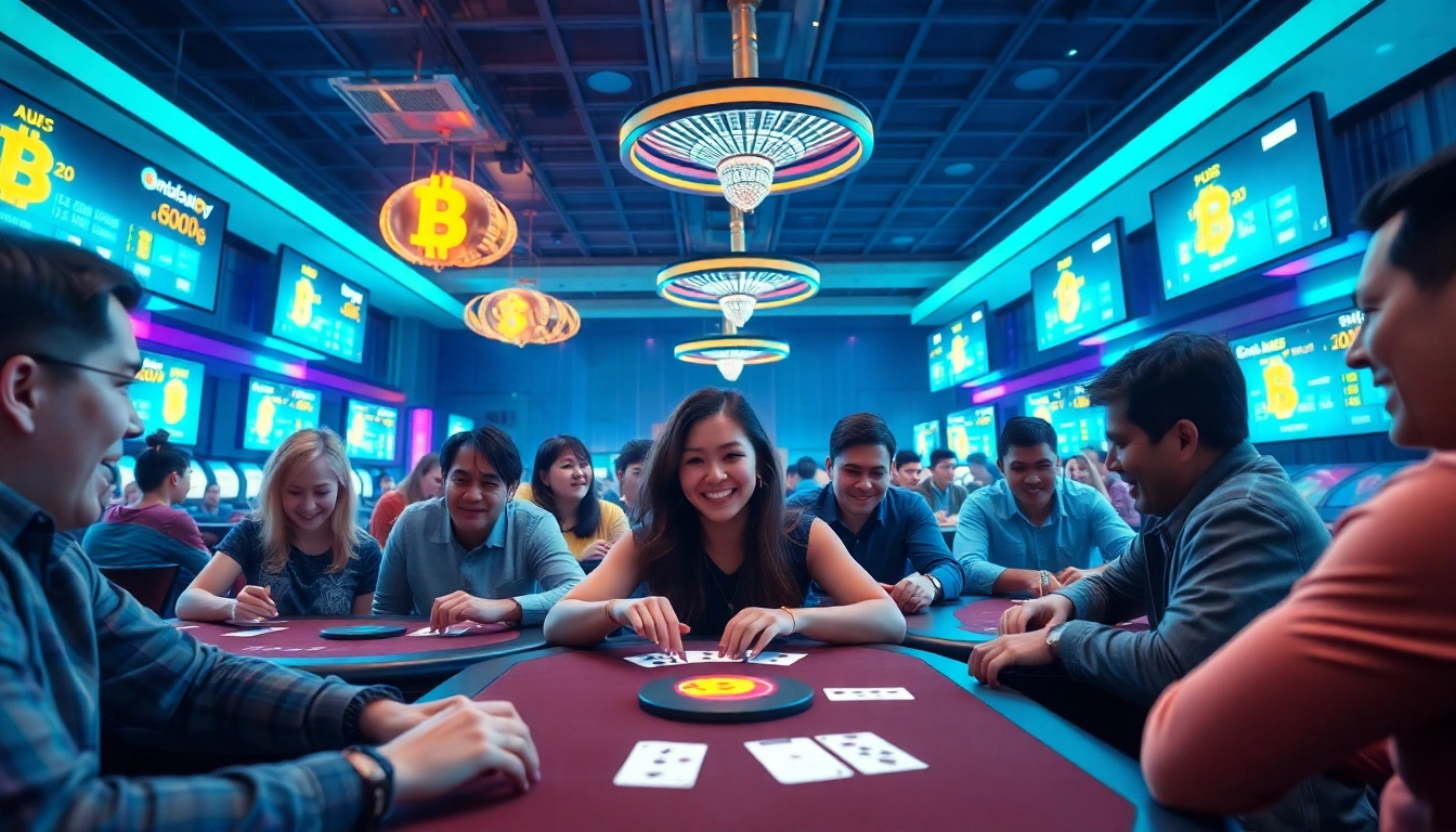 Les joueurs s'amusent dans des crypto casinos, entourés de symboles de devises numériques éclatants.