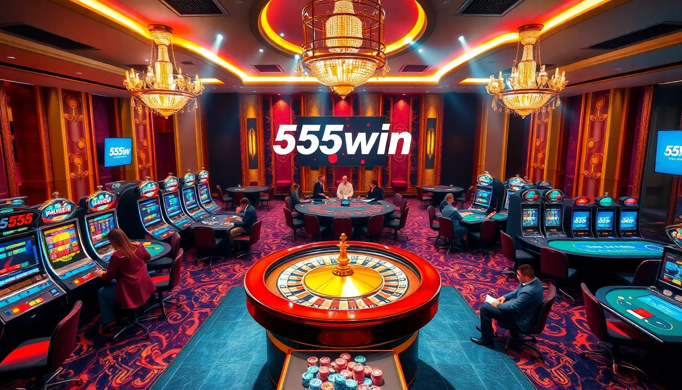 Experience the excitement of the 555win casino with players engaged in thrilling games and vibrant slot machines.