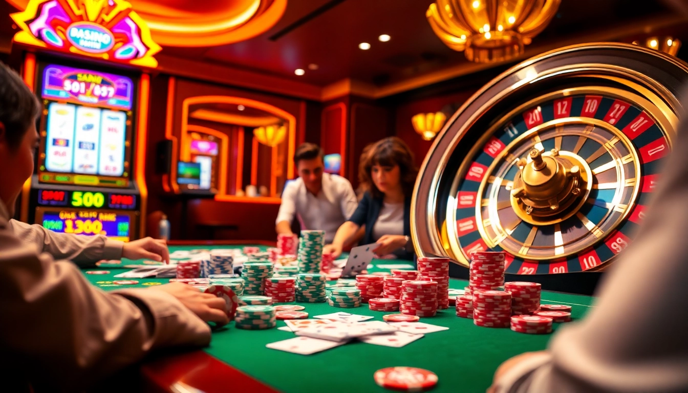 Experience the thrill of 555win at a vibrant casino table with players and colorful chips.