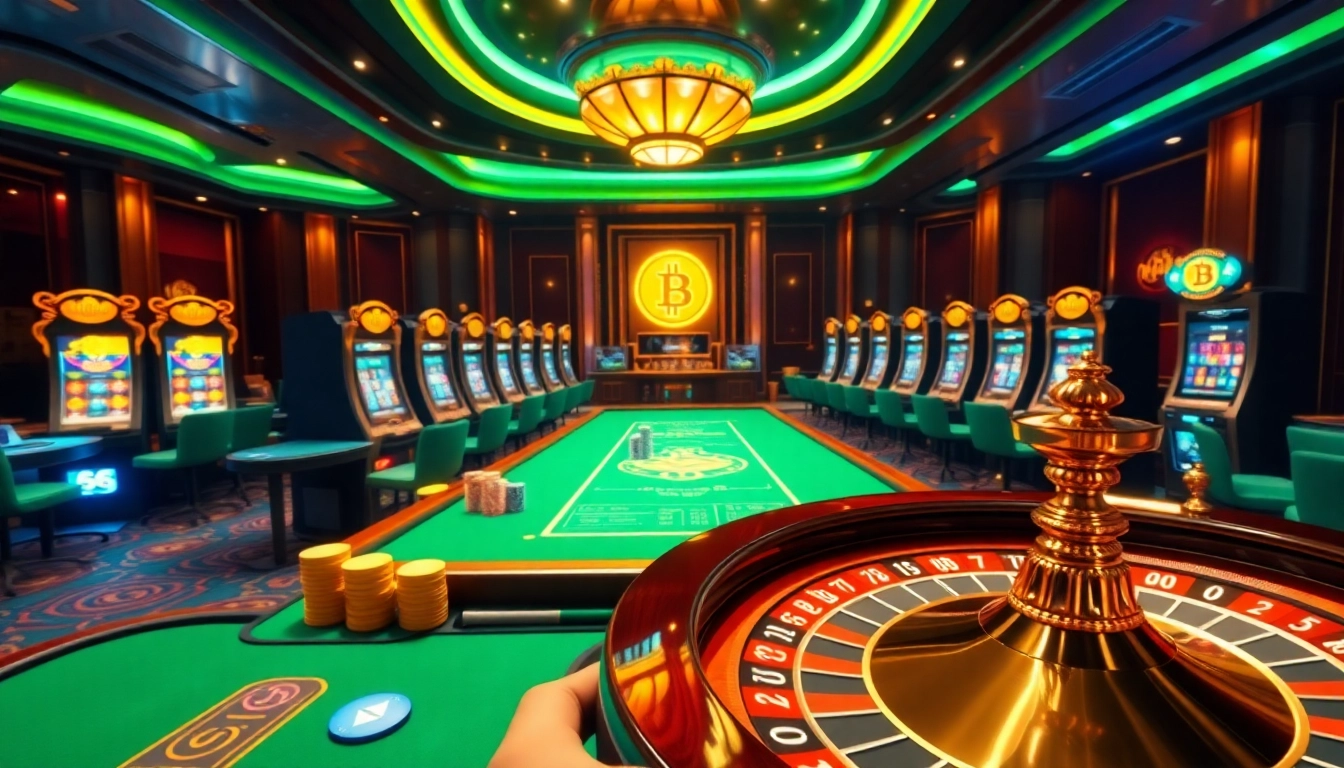 Scène excitante représentant un casino de luxe en cryptomonnaie, avec des tables vibrantes, des jetons colorés et des machines à sous.