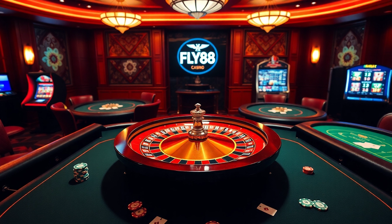 Experience FLY88 excitement as players engage around roulette and poker tables, immersed in casino luxury.