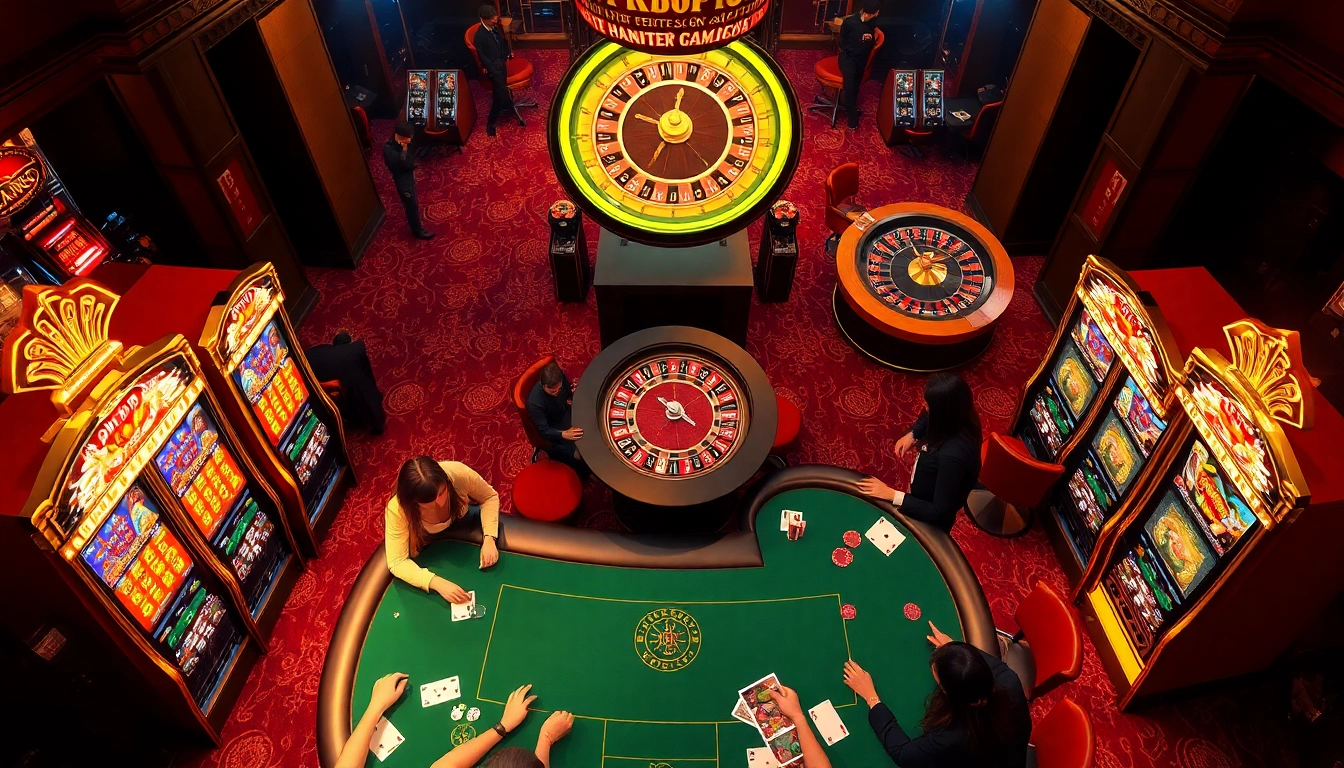 Engaged players enjoying TK88 at a luxurious casino table with vibrant slot machines and roulette wheel.