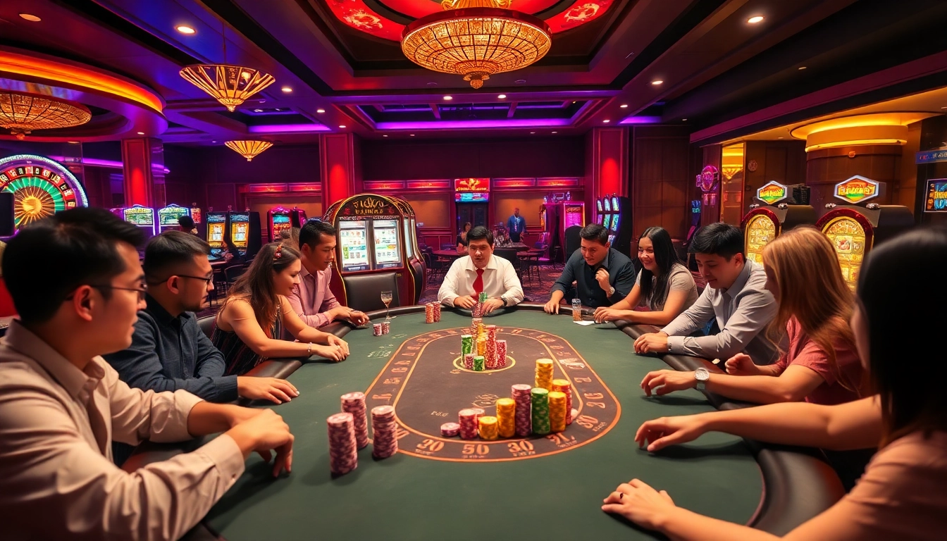 Players strategizing at a luxurious poker table in the vibrant hay88 casino scene.