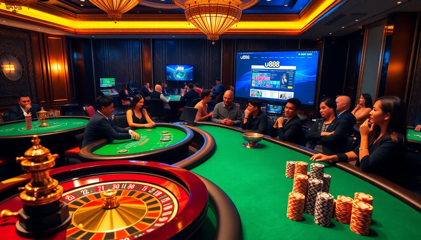 Players enjoying online gambling at u888 casino with vibrant tables and cheering atmosphere.
