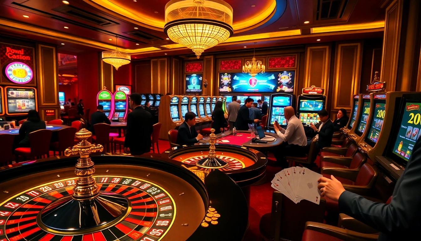 Casino en ligne Bitcoin vibrant scene with players at roulette and slot machines.