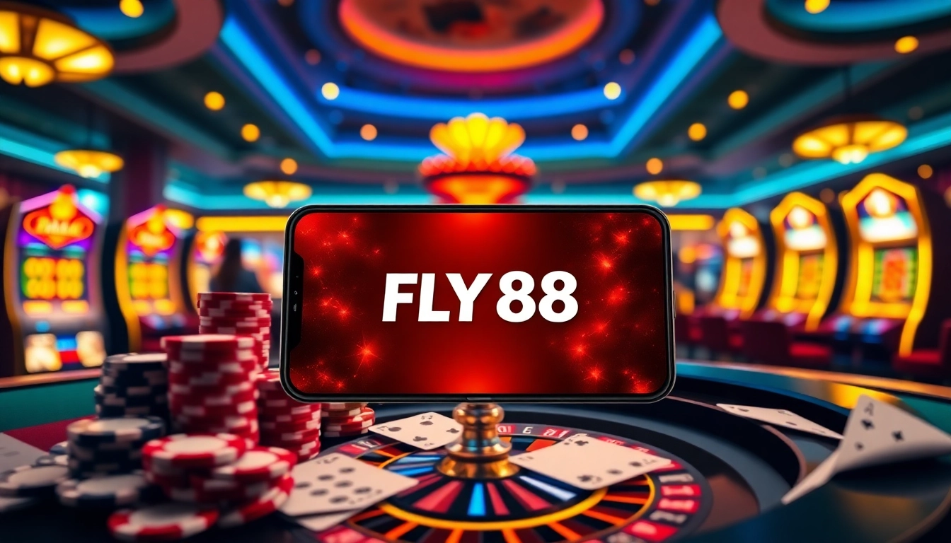 Engaging players explore the tải app FLY88 on their smartphones amidst casino excitement with poker chips.