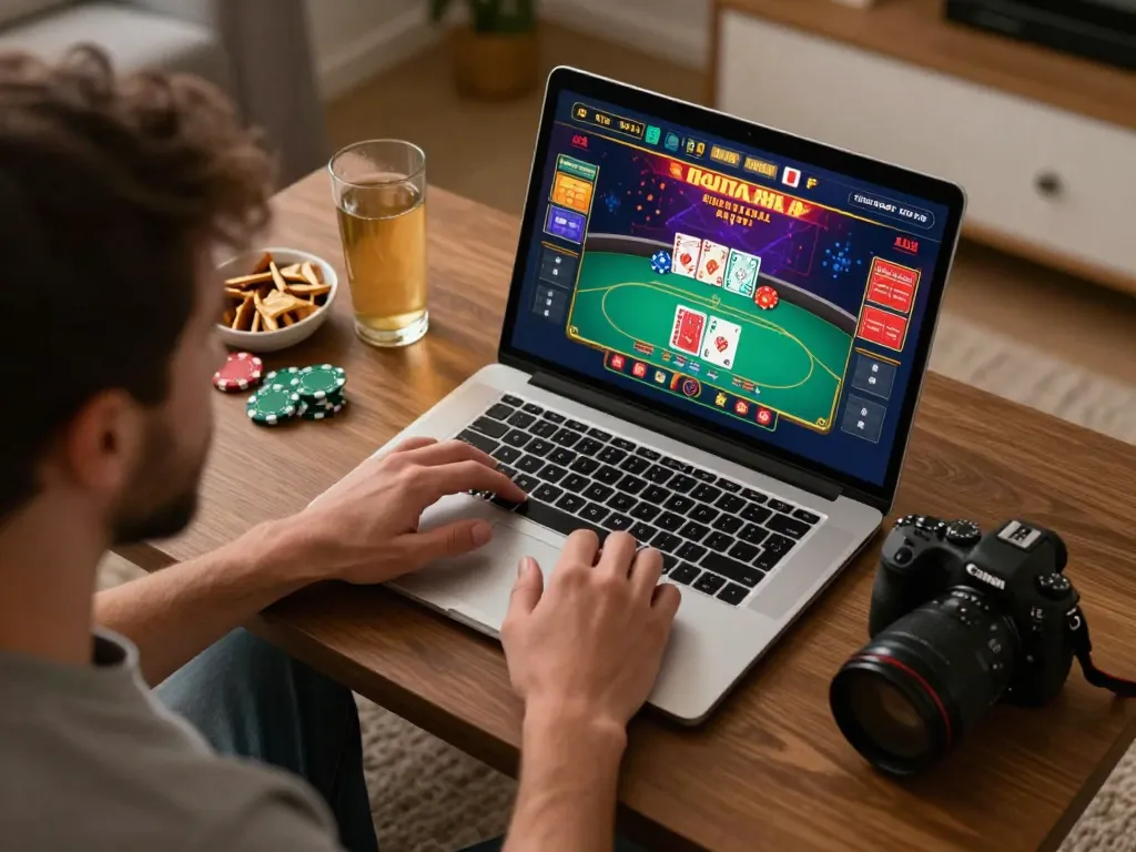 Player enjoying an immersive online gambling experience with sunwin interface in cozy home setting
