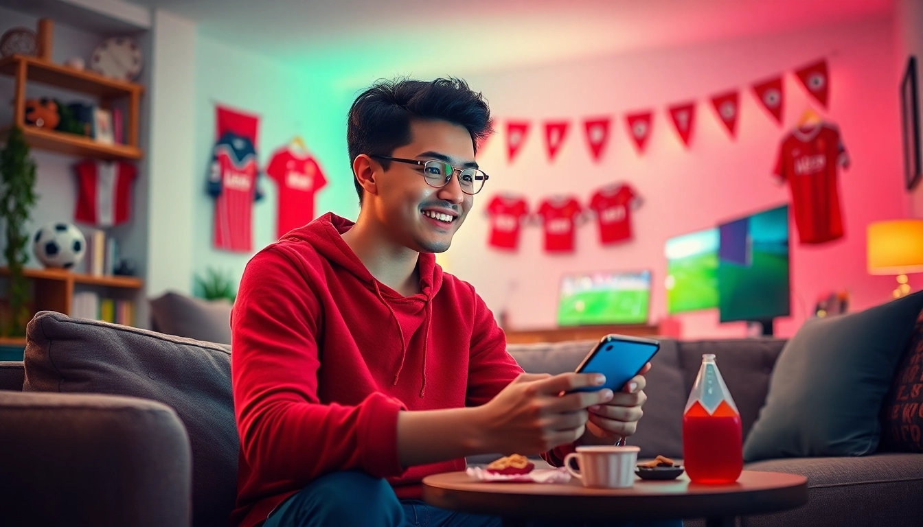 Cakhia TV trực tiếp bóng đá scene with a fan enjoying a football match on mobile in a cozy living room.